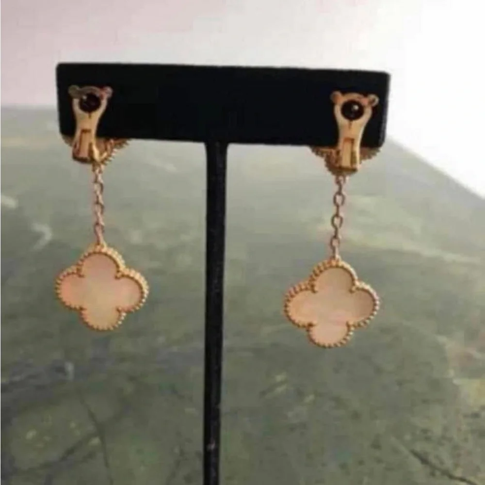 Elegant Gold Plated and White Double Clover Earrings